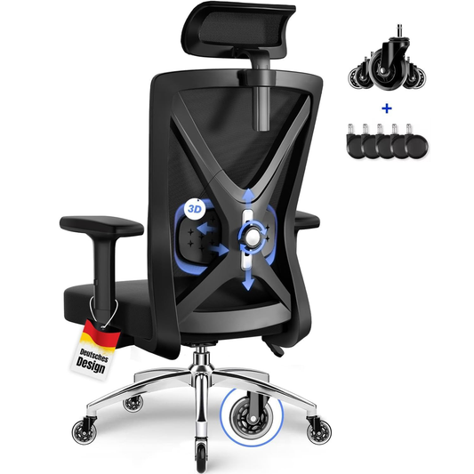 Daccormax Bürostuhl, Bürostuhl Ergonomisch Schreibtischstuhl mit Verstellbaren Armlehnen, weiche Lendenstütze aus Naturschwamm und Kopfstütze, Chefsessel Drehstuhl Wippfunktion 200kg, Tiefschwarz