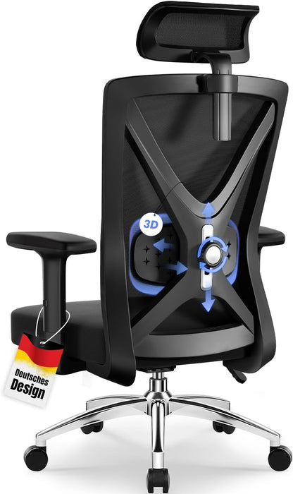 Daccormax Bürostuhl, Bürostuhl Ergonomisch Schreibtischstuhl mit Verstellbaren Armlehnen, weiche Lendenstütze aus Naturschwamm und Kopfstütze, Chefsessel Drehstuhl Wippfunktion 200kg, Tiefschwarz