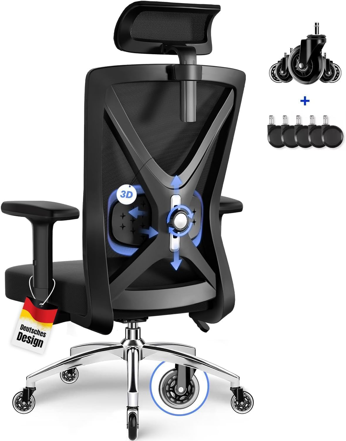 Daccormax Bürostuhl, Bürostuhl Ergonomisch Schreibtischstuhl mit Verstellbaren Armlehnen, weiche Lendenstütze aus Naturschwamm und Kopfstütze, Chefsessel Drehstuhl Wippfunktion 200kg, Tiefschwarz