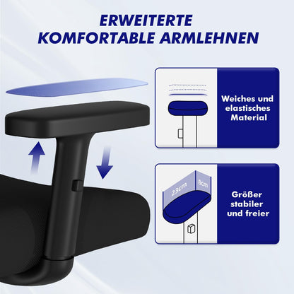 Daccormax Bürostuhl, Bürostuhl Ergonomisch Schreibtischstuhl mit Verstellbaren Armlehnen, weiche Lendenstütze aus Naturschwamm und Kopfstütze, Chefsessel Drehstuhl Wippfunktion 200kg, Tiefschwarz