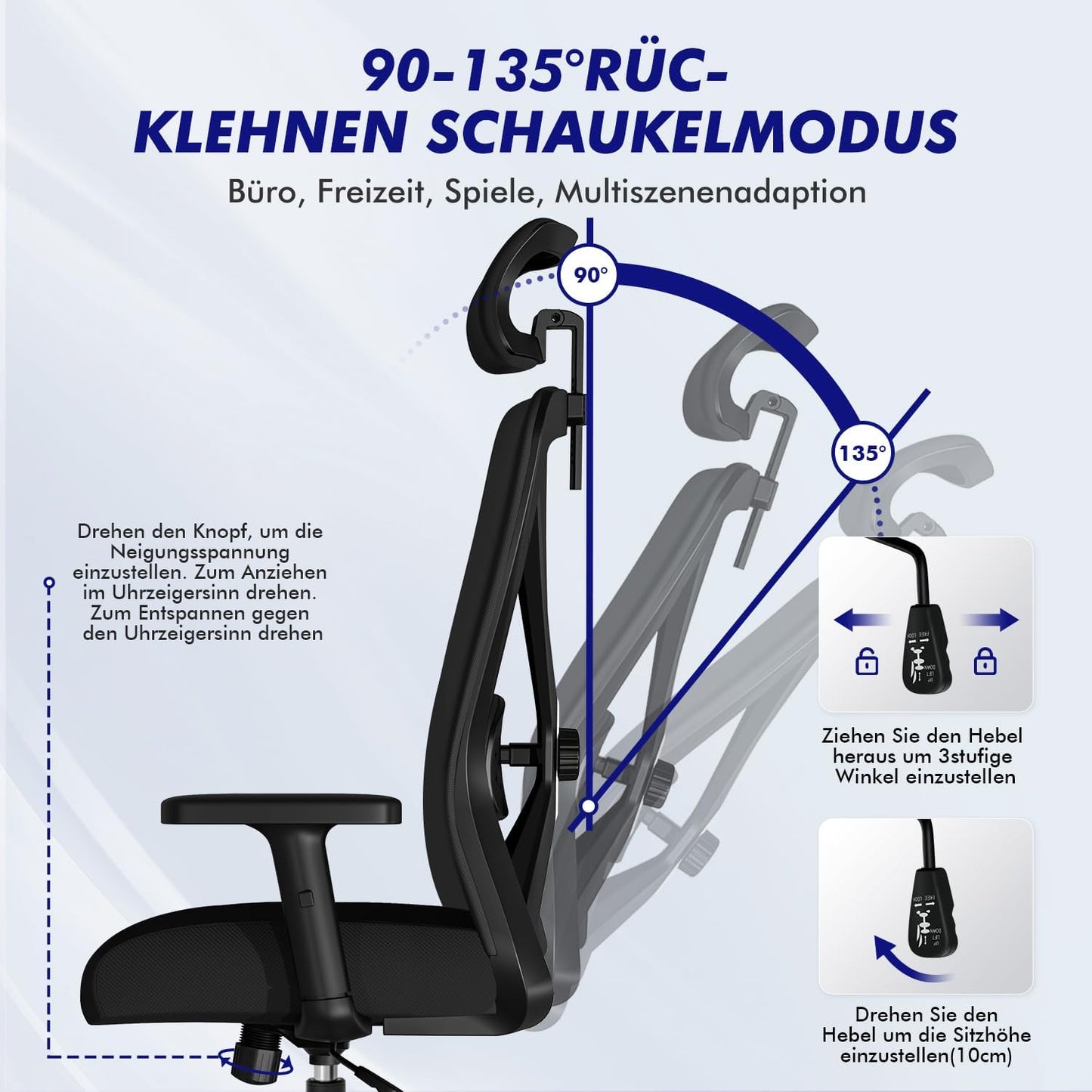 Daccormax Bürostuhl, Bürostuhl Ergonomisch Schreibtischstuhl mit Verstellbaren Armlehnen, weiche Lendenstütze aus Naturschwamm und Kopfstütze, Chefsessel Drehstuhl Wippfunktion 200kg, Tiefschwarz