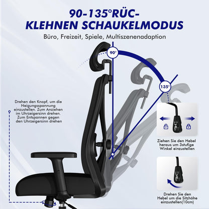 Daccormax Bürostuhl, Bürostuhl Ergonomisch Schreibtischstuhl mit Verstellbaren Armlehnen, weiche Lendenstütze aus Naturschwamm und Kopfstütze, Chefsessel Drehstuhl Wippfunktion 200kg, Tiefschwarz