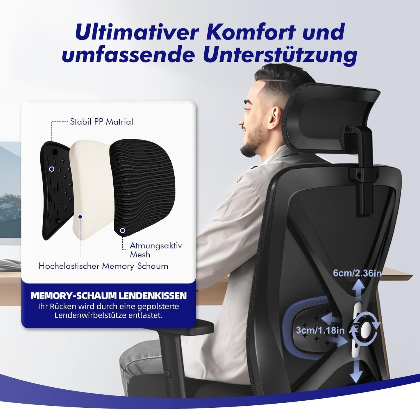 Daccormax Bürostuhl, Bürostuhl Ergonomisch Schreibtischstuhl mit Verstellbaren Armlehnen, weiche Lendenstütze aus Naturschwamm und Kopfstütze, Chefsessel Drehstuhl Wippfunktion 200kg, Tiefschwarz