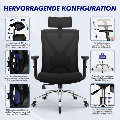 Daccormax Bürostuhl, Bürostuhl Ergonomisch Schreibtischstuhl mit Verstellbaren Armlehnen, weiche Lendenstütze aus Naturschwamm und Kopfstütze, Chefsessel Drehstuhl Wippfunktion 200kg, Tiefschwarz
