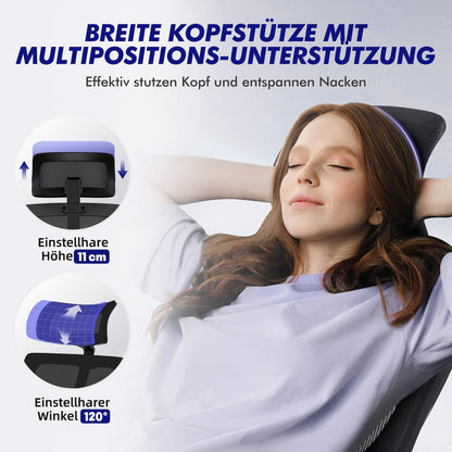 Daccormax Bürostuhl, Bürostuhl Ergonomisch Schreibtischstuhl mit Verstellbaren Armlehnen, weiche Lendenstütze aus Naturschwamm und Kopfstütze, Chefsessel Drehstuhl Wippfunktion 200kg, Tiefschwarz