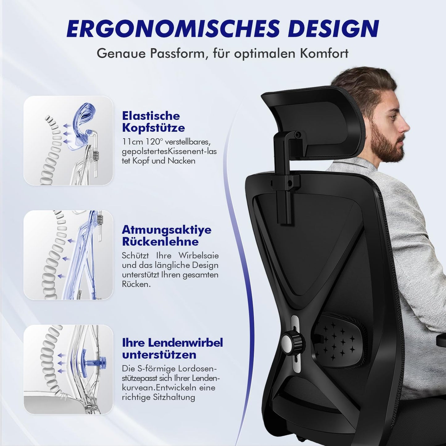 Daccormax Bürostuhl, Bürostuhl Ergonomisch Schreibtischstuhl mit Verstellbaren Armlehnen, weiche Lendenstütze aus Naturschwamm und Kopfstütze, Chefsessel Drehstuhl Wippfunktion 200kg, Tiefschwarz