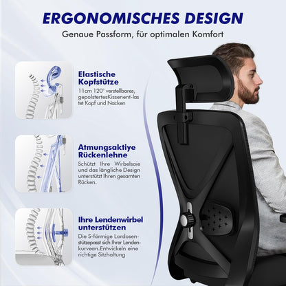 Daccormax Bürostuhl, Bürostuhl Ergonomisch Schreibtischstuhl mit Verstellbaren Armlehnen, weiche Lendenstütze aus Naturschwamm und Kopfstütze, Chefsessel Drehstuhl Wippfunktion 200kg, Tiefschwarz