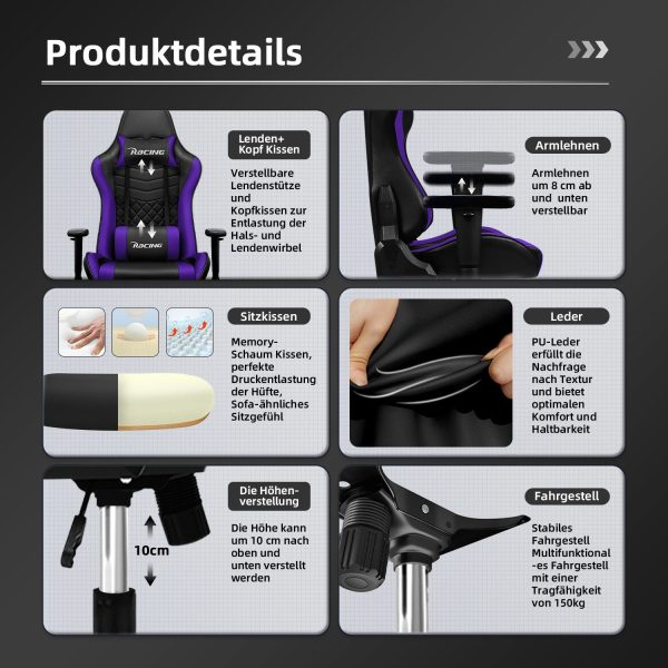 Gaming-Stuhl Gamer Stuhl Ergonomisch, Verstellbarer Bürostuhl mit Kopfkissen – Bild 4