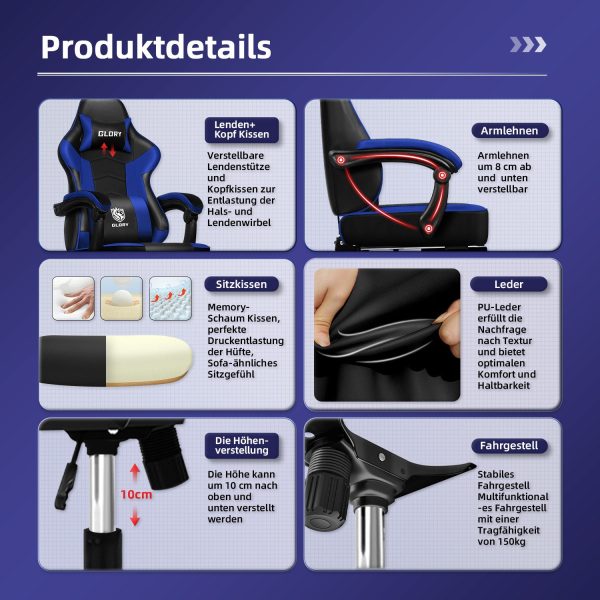 Gaming-Stuhl Ergonomischer Gamer Stuhl mit Fußstütze, Einteiligen Armlehnen – Bild 3