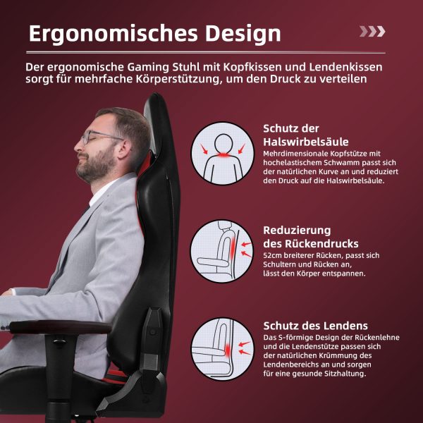 Gaming-Stuhl Gaming Stuhl Ergonomisch mit Kopfkissen und Lendenkissen – Bild 2