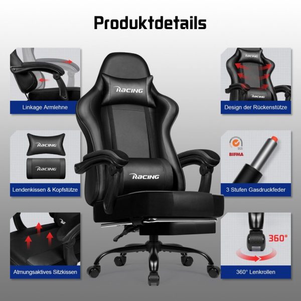 Gaming-Stuhl Gaming Stuhl mit Einteiligen Armlehnen und Ausziehbarem Fußstütze – Bild 3