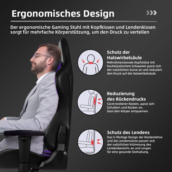 Gaming-Stuhl Gamer Stuhl Ergonomisch, Verstellbarer Bürostuhl mit Kopfkissen – Bild 3
